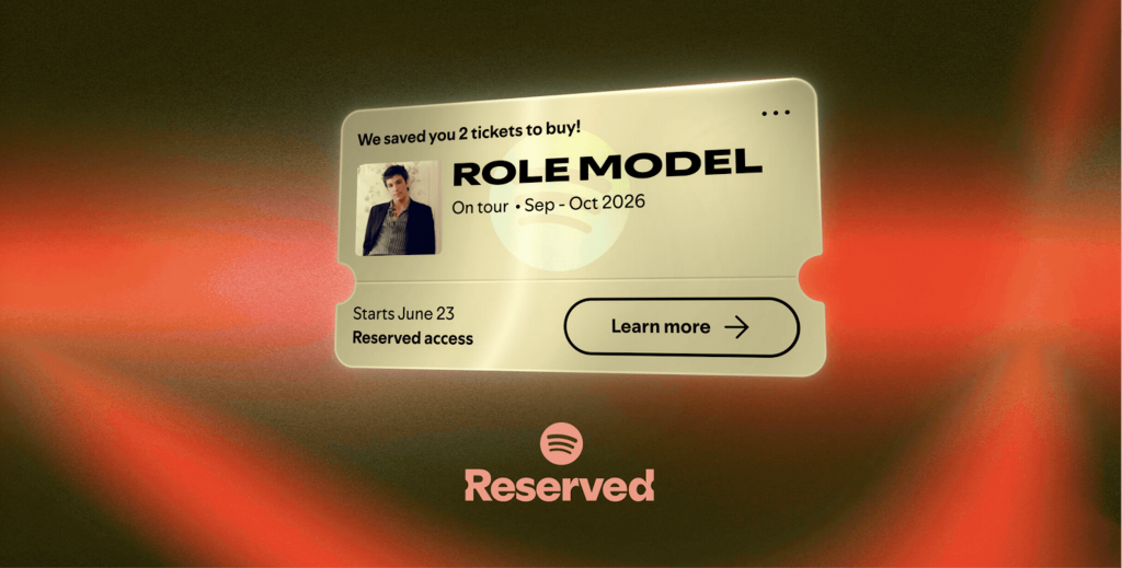 Interfaz de la aplicación móvil de Spotify mostrando información sobre conciertos y venta de entradas.