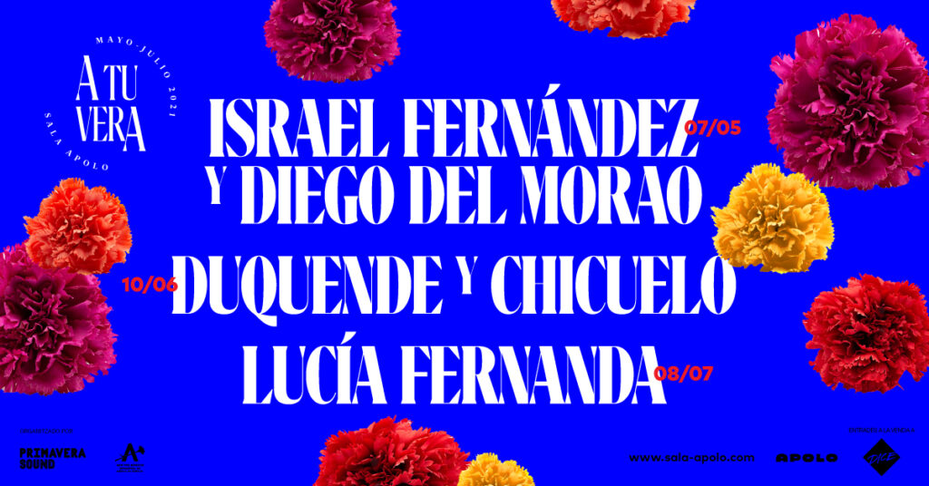 Cartel promocional del ciclo de conciertos de flamenco 'A tu vera' con los artistas Duquende, Lucía Fernanda, Israel Fernández y Diego Del Morao.