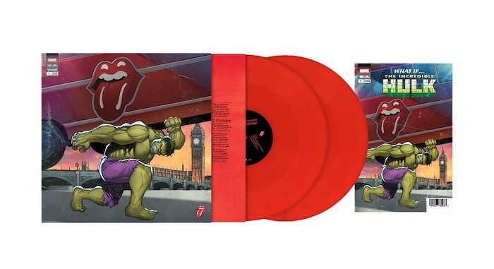 Portadas de vinilo de Foreign Tongues con los logos de The Rolling Stones y Marvel, y los personajes Spider-Man, Capitán América, Thor, Hulk y Wolverine.