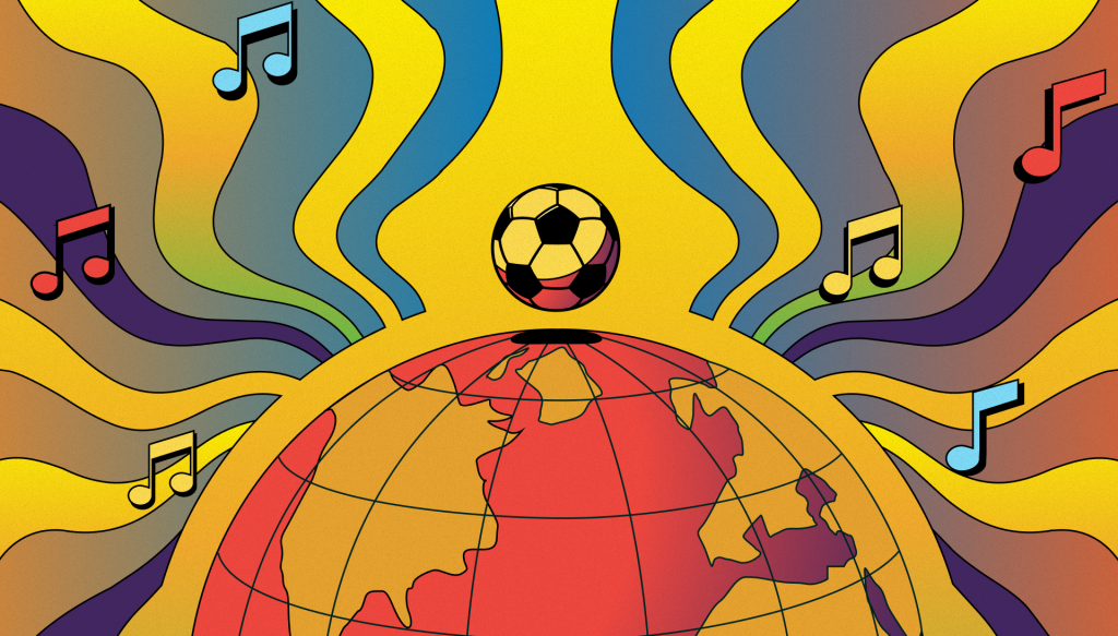 Auriculares y un balón de fútbol sobre el césped, representando la unión de la música y el deporte.
