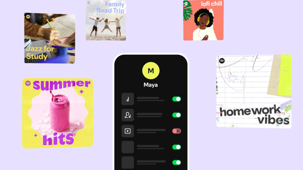 Una familia escuchando música con la aplicación de Spotify en un dispositivo móvil.