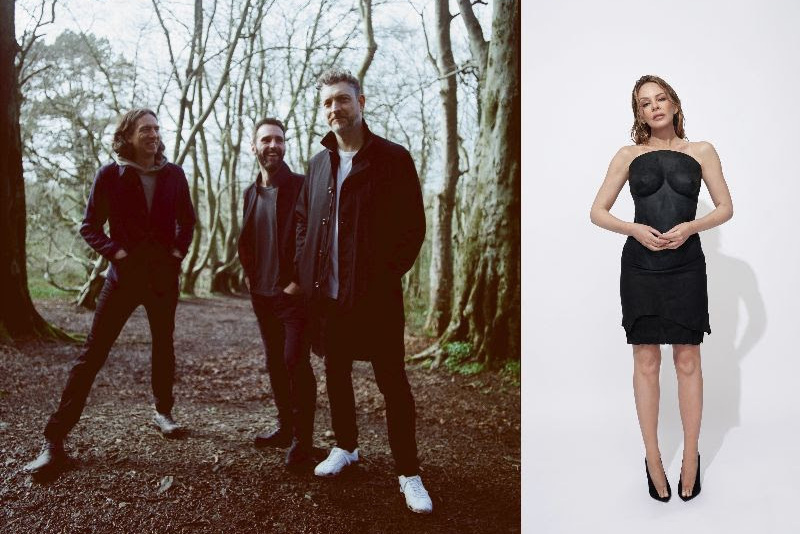 Kylie Minogue y Gary Lightbody de Snow Patrol cantando juntos en un escenario al aire libre