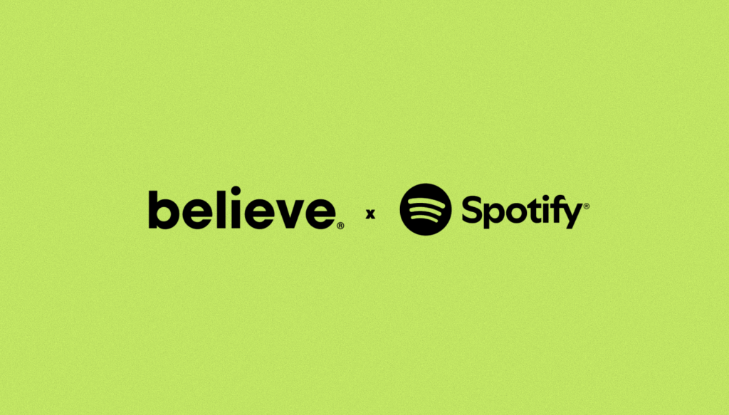 Logotipo de Spotify e ilustración sobre remixes de música con inteligencia artificial